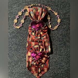 Red Geometric Fabric Necklace with Pink Sequin Hearts